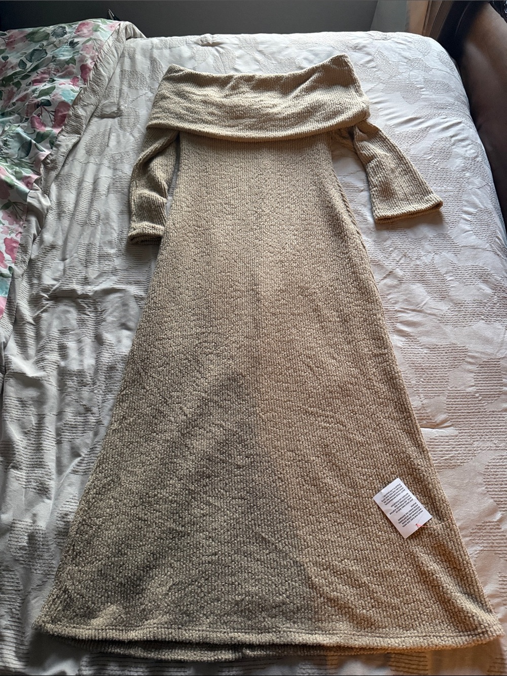 ASOS Beige Off-Shoulder Ribbed Maxi Dress - Picture 2 of 2